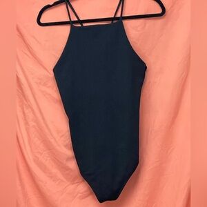 Black Strappy Snap Thong Bodysuit with Silver Ring Accent size S/M